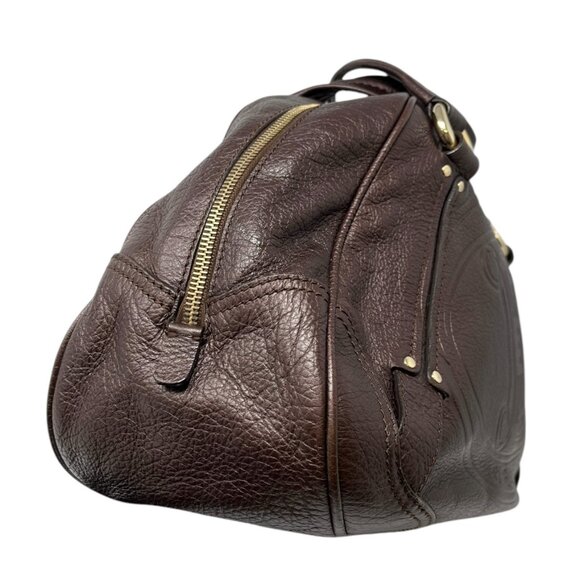 CELINE Vintage Macadam Big Logo Tote Bag Brown Gold Leather Nylon Zip [105063] - Picture 8 of 12